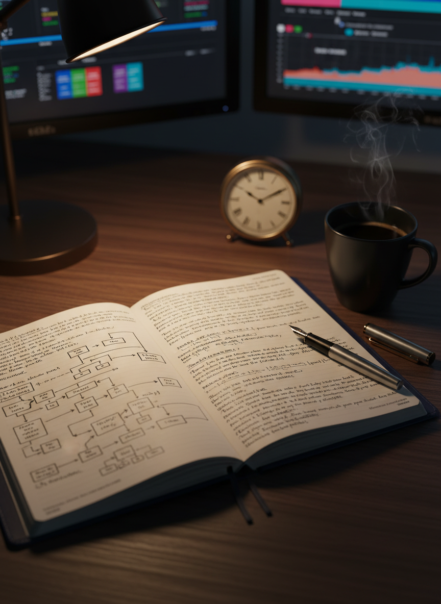 A midnight-blue leather-bound notebook lies open on a dark walnut desk, its cream pages filled with precise, inky handwriting and sketched flowcharts of complex systems. Beside it rests a brushed metal fountain pen, a black ceramic mug of untouched coffee, and a small analog clock frozen at 12:03 a.m. The background reveals softly glowing monitors displaying blurred dashboards and timelines. Cinematic, low-key lighting from a single desk lamp creates dramatic pools of light and deep shadows, emphasizing quiet intensity. Shot from a slightly elevated angle with a shallow depth of field, the focus lingers on the intersection of notes and diagrams. The mood is contemplative and sophisticated, capturing late-night strategic reflection in photographic realism.